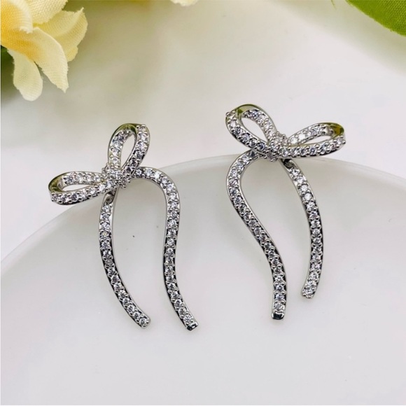 Silver Front Back 2 Piece Bow Earrings - Picture 3 of 3